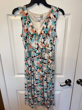 Donna Morgan Teal, Peach & Brown Geometric Midi Wrap Dress